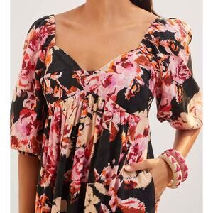 Anthropologie Blossom Black Floral Maxi Dress XS Puff Sleeve 100% Cotton Smocked